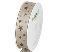 Halbach Seidenbänder Ruban cadeau étoiles - Ruban en lin avec bord métallique et imprimé étoiles pour Noël - Couleur : naturel/lin