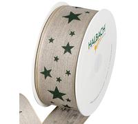 Halbach Seidenbänder Ruban cadeau étoiles - Ruban en lin avec bord métallique et imprimé étoiles pour Noël - Couleur : naturel/vert sapin