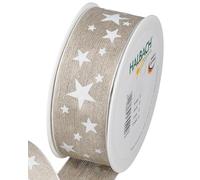 Halbach Seidenbänder Ruban cadeau étoiles - Ruban en lin avec bord métallique et imprimé étoiles pour Noël - Couleur : naturel/blanc
