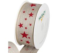 Halbach Seidenbänder Ruban cadeau étoiles - Ruban en lin avec bord métallique et imprimé étoiles pour Noël - Couleur : naturel/rouge