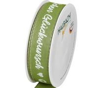 Halbach Seidenbänder Ruban cadeau « Herzlichen Glückwunsch» - Largeur 25 mm - Longueur 18 m - Ruban cadeau d'anniversaire - Ruban pour décoration d'anniversaire - Couleur : vert mousse/blanc