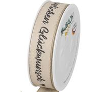 Halbach Seidenbänder Ruban cadeau « Herzlichen Glückwunsch» - Largeur 25 mm - Longueur 18 m - Ruban cadeau d'anniversaire - Ruban pour décoration d'anniversaire - Couleur : lin/noir