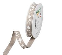Halbach Seidenbänder Ruban de Noël 15 mm x 15 m - Ruban cadeau de Noël pour emballage cadeau - Ruban imprimé étoiles et bords en lin - Couleur : lin/blanc - 709