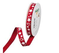 Halbach Seidenbänder Ruban de Noël 15 mm x 15 m Ruban cadeau de Noël pour emballer des cadeaux, ruban imprimé étoiles et bords en lin, couleur rouge/blanc