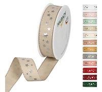 Halbach Seidenbänder Ruban de Noël 25 mm x 18 m avec étoiles argentées et bords en lurex - Lin
