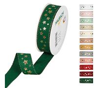 Halbach Seidenbänder Ruban de Noël 25 mm x 18 m pour emballage cadeau de Noël avec étoiles dorées et bords en lurex - Vert
