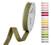 Halbach Seidenbänder Ruban décoratif avec bords en lin - Largeur : 15 mm - Longueur : 20 m - Ruban cadeau à décorer ou à faire soi-même - Couleur : vert olive/lin