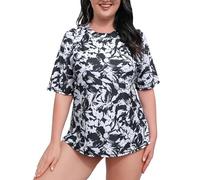 Halcurt Chemise UV Femme Grande Taille Rash Guard Manches Courtes avec Soutien-gorge UPF 50+ Protection Solaire Chemise de Bain Chemise de Natation Séchage Rapide Maillot de Bain 1X-4X, XXL grande