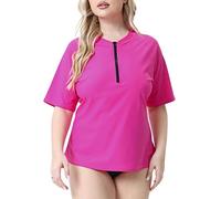 Halcurt Damen Kurzarm-Rashguard-Oberteil in Übergröße mit UPF 50+ Reißverschluss-Badeshirt, rose fluorescent, XL grande taille