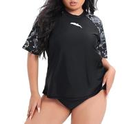 Halcurt Maillot de bain anti-UV pour femme, grande taille, à manches courtes, UPF 50+, protection UV, séchage rapide, 1X-4X, Noir/cachemire, XL grande taille