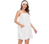 HALCYEEN Peignoir de bain pour femme avec bretelles et fermeture réglable en coton doux et léger avec bandeau à cheveux (S-XL), blanc, Medium
