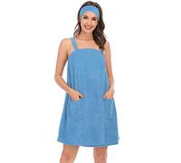 HALCYEEN Peignoir de bain pour femme avec bretelles et fermeture réglable en coton doux et léger avec bandeau à cheveux (S-XL), bleu ciel, X-Large