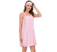 HALCYEEN Peignoir de bain pour femme avec bretelles et fermeture réglable en coton doux et léger avec bandeau à cheveux (S-XL), rose, Medium