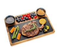 HALE OTEIR Plateau en ardoise pour steak, vaisselle de barbecue, plateau en ardoise, plateau de service en bois d'acacia avec 2 bols à sauce et compartiments, assiette à steak, assiette à apéritif
