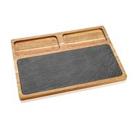 HALE OTEIR Set de plateaux de service, plateau de service en bois d'acacia avec plateau en ardoise, set de planches à fromage, assiettes à steak, assiettes à apéritif, assiettes à collation avec