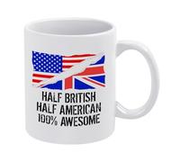 Half British Half American 100 % Awesome Tasse à café en céramique blanche 325 ml avec motif amusant Heritage Pride pour double citoyens, usage quotidien au bureau et à la maison