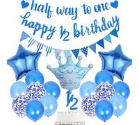 Half Way to One Décorations - Lot de 20 pièces pour demi-anniversaire Bleu | Bannière bleue pour fête d'anniversaire pour bébé garçon avec inscription « Happy 1/2 Birthday » - Ballons confettis pour 6
