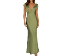 Halfisland Robe Longue d'été en Satin avec col en V et Mancherons Dos Nu - Élégante Robe midi torsadée pour invitées de Mariage, Vert Olive, Taille S