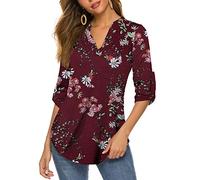 Halife Tunique à manches 3/4 enroulable et col en V avec imprimé floral pour femme, F-Bordeaux 3, X-Large