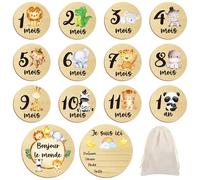 Halinuia Carte Etape Bébé Français, Cadeau de Naissance Bebe, 26 moments de la Naissance à 1 an sur 13 Disques en Bois Gravés Recto-verso, Cadeau Futurs Parents Maman, Cadeau Bebe en Bois