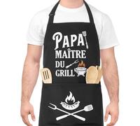 Halinuia Tablier Barbecue Homme, Tablier de Cuisine pour Homme, Réglable Étanche Noir Tablier BBQ personnalisé pour Barbecue Fête, Fête des Pères, Anniversaire, Noël (PAPA MAÎTRE DU GRILL)