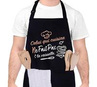 Halinuia Tablier de Cuisine pour Homme, Tabliers de Cuisine Étanche Réglable Tablier Barbecue avec Poches Idée Cadeau Fête des pères Celui qui cuisne ne Fait Pas la vaisselle
