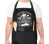 Halinuia Tablier de Cuisine pour Homme, Tabliers de Cuisine Étanche Réglable Tablier Barbecue avec Poches Idée Cadeau Fête des pères CELUI QUI CUISNE NE FAIT PAS LA VAISSELLE