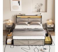 Halitaa Cadre de lit LED Queen size avec station de charge et 4 tiroirs, cadre de lit en métal avec tête de lit de sortie USB, cadre de lit de ferme avec lumières LED, sans bruit, gris délavé (Queen)