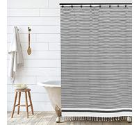 HALL & PERRY Modern Farmhouse Tassel Shower Curtain 100% Cotton Striped Fabric Shower Curtain with Tassels for Bathroom Décor (Black 2, 72"x72")