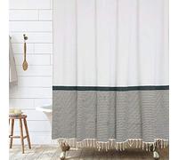 HALL & PERRY Rideau de Douche Moderne à Pompons 100% Coton à Rayures avec Pompons pour décoration de Salle de Bain (Brun Clair, 182,9 x 182,9 cm)