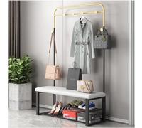 Hall Tree Banc à chaussures avec coussin de siège, 7 crochets, cadre en métal, finition dorée et blanche, meuble d'entrée élégant pour l'organisation de la maison