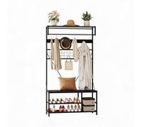 Hall Tree Banc à vêtements avec étagère à chaussures, porte-vêtements industriel avec 9 crochets, tringle à vêtements et compartiment de rangement, aspect bois, métal, gris, 100 x 37 x 184 cm, noir