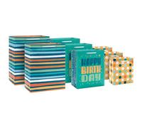 Hallmark Assortiment de sacs cadeaux d'anniversaire bleu sarcelle et jaune (8 sacs : 3 petits 15,2 cm, 3 moyens 22,9 cm, 2 grands 33 cm) pois, rayures, joyeux anniversaire