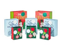 Hallmark Assortiment de sacs cadeaux de vacances (8 sacs cadeaux : 3 petits 15,2 cm, 3 moyens 22,9 cm, 2 grands 33 cm) ornements rouges, verts et bleus, Let It Snow, Happy Holidays avec bonhomme de
