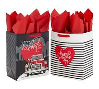 Hallmark Lot de 2 grands sacs cadeaux de Saint-Valentin avec papier de soie de 33 cm (camion rouge vintage, rayures noires et blanches) pour adultes, conjoint, mari, petit ami