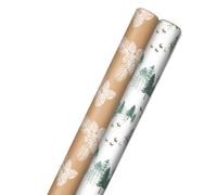 Hallmark Lot de 2 rouleaux de papier cadeau de Noël kraft recyclable avec lignes de coupe (150 m²) Arbres verts sur blanc, pommes de pin blanches sur papier kraft marron pour vacances, Hanouka,