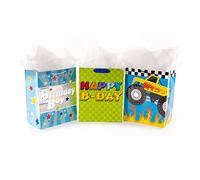 Hallmark Lot de 3 grands sacs cadeaux d'anniversaire avec papier de soie de 33 cm (Monster Truck, Happy B-Day, Birthday Boy)