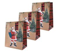 Hallmark Lot de 3 grands sacs cadeaux de Noël, motif Père Noël traditionnel, vintage, tartan rouge, kraft marron