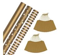 Hallmark Lot de 3 rouleaux de papier cadeau de Noël doré et étiquette cadeau - 3 rouleaux de papier en 3 motifs avec 2 paquets de 10 étiquettes cadeaux dorées unies