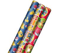 Hallmark Lot de 3 rouleaux de papier cadeau Pokémon avec lignes découpées au verso (60 m²) avec Pikachu, Charmandre, Bulbasaur, pour anniversaires, fêtes d'enfants, joueurs, cadeaux de Noël