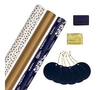 Hallmark Recueil de cadeaux de Noël, 3 paquets de papier cadeau, 2 m chacun, 6 étiquettes cadeaux, 2 rubans raphia, or, bleu, blanc
