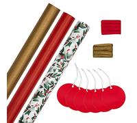 Hallmark Recueil de cadeaux de Noël, lot de 3 rouleaux de papier cadeau, 2 m chacun, 6 étiquettes cadeaux, 2 rubans en raphia, motifs festifs, rouge, or