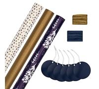 Hallmark Recueil de cadeaux de Noël, lot de 3 rouleaux de papier cadeau, 2 m chacun, 6 étiquettes cadeaux, 2 rubans raphia, bleu, or, bleu marine