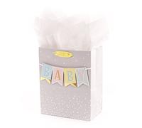 Hallmark Sac cadeau pour bébé de taille moyenne de 22,9 cm avec papier de soie - Bannière pour bébé en gris, rose et bleu pour fêtes prénatales, nouveaux parents, et plus encore