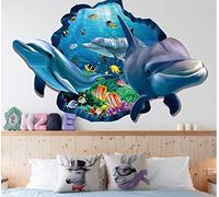 HALLOBO® Sticker Mural Aquarium Marin de la mer sous-Marine de Dauphin fenêtre 3D Wall Sticker Décoration Salon Chambre Maison la Chambre des Enfants bébé Enfant garçons Filles Toilette Salle de Bain
