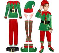 Hallojojo Costume Elfe de Noël pour Garçon Ensemble Costume Lutin 7 Pièces Déguisement Lutin Noël Enfant Halloween Carnaval Fête Performance Noël Costume Fancy Dress