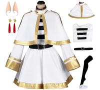 Hallojojo Déguisement Frieren Femme Cosplay Anime Frieren at The Funeral Uniforme Robe Châle Ceinture Chaussettes Oreilles Boucle d'oreille et Perruque pour Halloween Carnaval Party Masquerade Costume