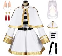Hallojojo Déguisement Frieren Femme Cosplay Anime Frieren at The Funeral Uniforme Robe Châle Ceinture Chaussettes Oreilles Boucle d'oreille et Perruque pour Halloween Carnaval Party Masquerade Costume