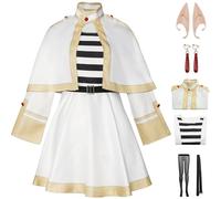 Hallojojo Déguisement Frieren Femme Cosplay Anime Frieren at The Funeral Uniforme Set Robe Châle Ceinture Chaussettes Oreilles Boucles d'oreilles et Perruque pour Halloween Carnaval Party Costume