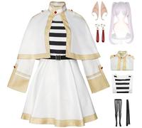 Hallojojo Déguisement Frieren Femme Cosplay Anime Frieren at The Funeral Uniforme Set Robe Châle Ceinture Chaussettes Oreilles Boucles d'oreilles et Perruque pour Halloween Carnaval Party Costume